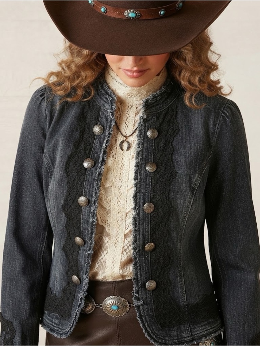 DressBarn - Women’s Denim and Black Lace Victorian Colar Jean Jacket P2P:19’